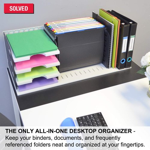 Ultimate Office Desktop Organizer File Sorter Letter Trays and a Hanging File Rack All in One for Fast and Easy Access to All of Your Forms Notebooks Binders Books and Files, Gray w/Black Dividers