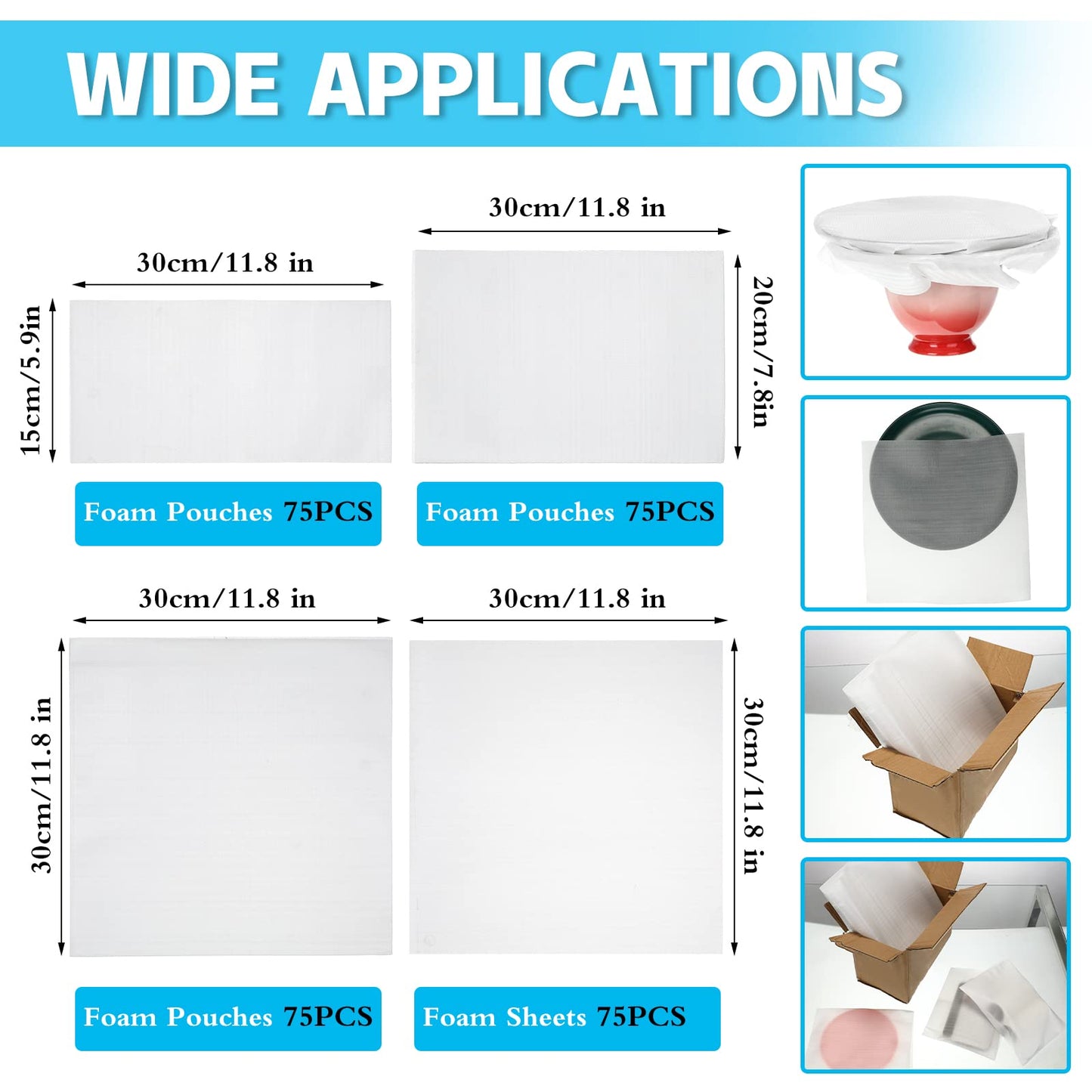 Crtiin 300 Pcs Foam Pouches 4 Sizes Cushion Wrap Pouches Packing Foam Sheets for Dishes Furniture Glasses Cups Plates Moving Shipping Packaging