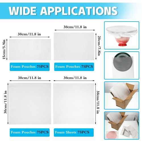 Crtiin 300 Pcs Foam Pouches 4 Sizes Cushion Wrap Pouches Packing Foam Sheets for Dishes Furniture Glasses Cups Plates Moving Shipping Packaging