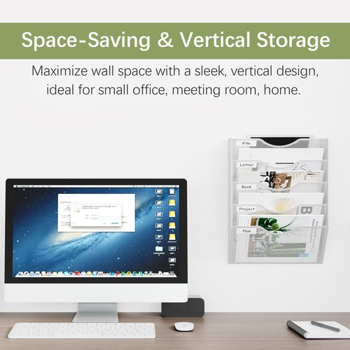 EasyPAG 5 Pocket Wall Mounted Mail Organizer, White | Metal Mesh Wall File Organizer | Hanging Magazine Document Holder with Label | Home Office Vertical Space Saving Paper Storage