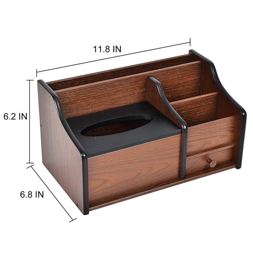 Liry Products Cherry Brown Wood Desk Organizer Tissue Box Lid Multiple Slots Drawer Tabletop Storage Cabinet Solid Wood Phone Tablet Remote Control Holder Office Supplies Caddy Accessory Sorter Home
