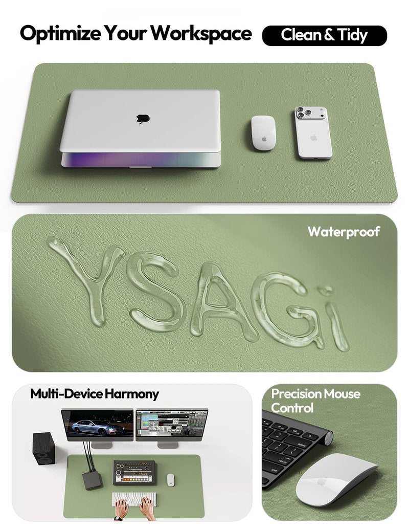 YSAGi Leather Desk Protector, Office Mat, Large Mouse Mat, Non-Slip PU Leather Blotter, Laptop Desk Mat, Waterproof Writing Pad for Office and Home (Bamboo Green, 31.5" x 15.8")