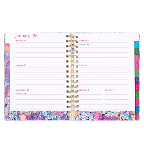 Lilly Pulitzer Jumbo Daily Planner August 2025 - December 2026, Weekly and Monthly Agenda with Stickers, Pockets, and Spiral Binding (Bluette Lil Barefoot Beachcomber)