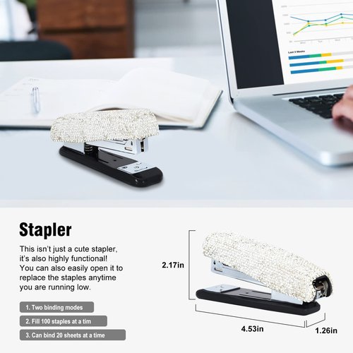 KEYPOWER Bling Crystal Luxury Handmade Diamond Round Pencil Pen Pot Holder & Stapler & Card Holder & Desktop Tape Dispenser Office Stationery Kit for Fashion Girls Women(White)