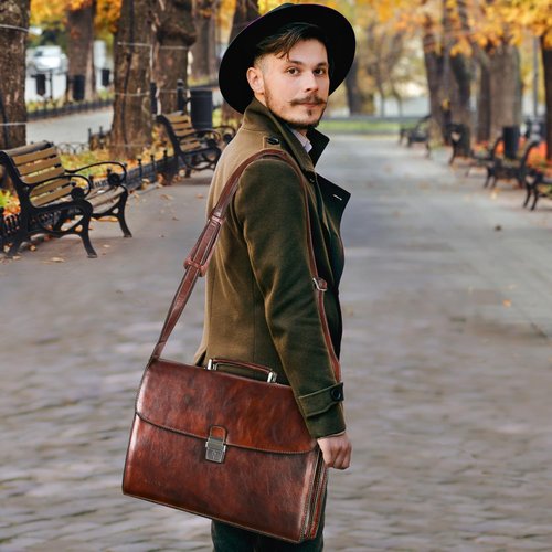 Banuce Premium Vintage Gradient Full Grain Italian Leather Briefcase for Men with Lock Legal Attorney Lawyer Briefcase 15.6 Inch Laptop Bag with Luggage Strap Brown