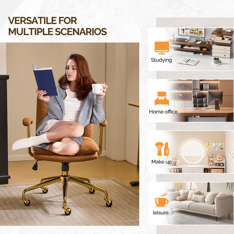 VINGLI Home Office Desk Chair Comfy with wheels&Removable Armrests,Gold Base Vanity Chair with Back,Adjustable Rolling Swivel Computer Task Chair for Study,Makeup,Office,Bedroom,Microfiber/Suede,Brown
