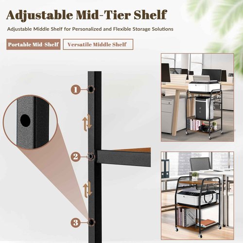 Vividwood Printer Stand - Large 3 Tier Printer Table with Adjustable Storage Shelf - Rolling Cart with Wheels -Stable Desk for Home Office Use (Rustic Brown)