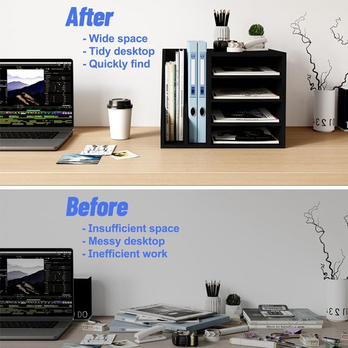 Senhoglb Wood Desk Organizer File Holder, Wooden Mail Organizer Countertop with Adjustable Compartments, Desktop File Organizer Paper Sorter for Home, Office and School, Envelope Organizer, Black