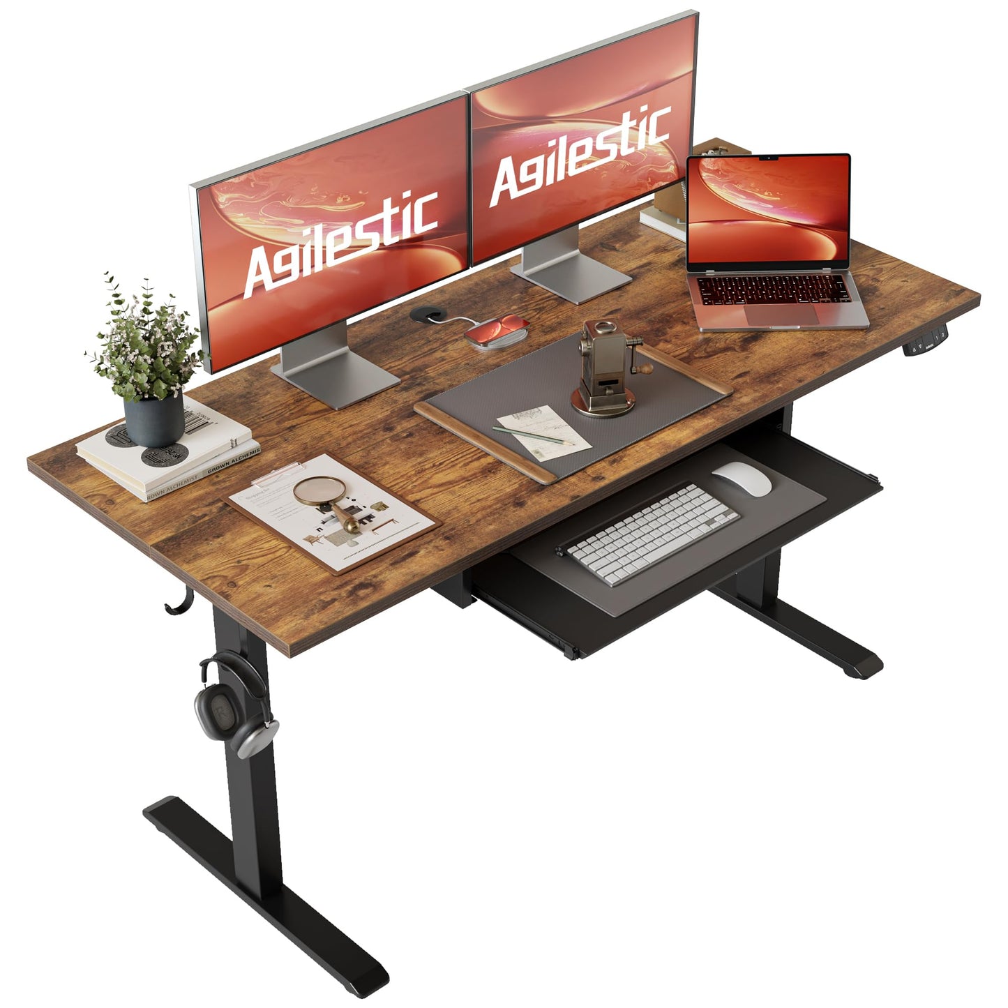 Agilestic Height Adjustable Desk with Keyboard Tray, 55 x 24 Inches Electric Standing Desk with Memory Preset, Stand up Computer Table, Lightweight Board, Dark Brown