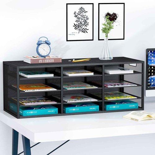 PAG Desktop Mail Sorter, Industrial Countertop Heavy Duty Literature Organizer, Student Mailbox for Classroom, Bill Paper Holder Rack for Office Home School, 12 Compartments, Black