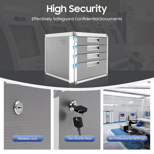 File Storage Cabinet with Lockable Drawers & 4 Compartments - 12.4" Desktop Document Organizer for Office Home, Aluminum Frame, Security Lock, Space-Saving Design