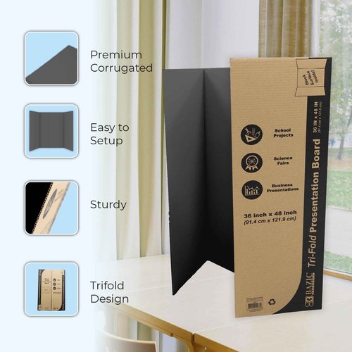 BAZIC Products Trifold Presentation Board 36" X 48" Black, Tri-Fold Corrugated Poster Boards, Cardboard for Display Boards Science Fair Art Project, 2-Pack