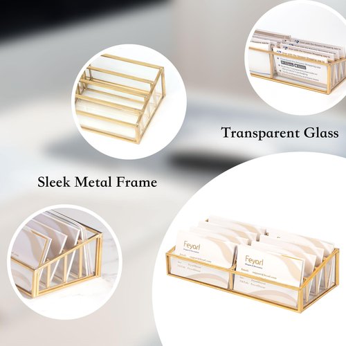 Feyarl Gold Glass Business Card Holder 8 Slots Large capacity Name Cards Display Stand Business Cards Holders Organizer Storage for Office Meeting Store Front Desktop Countertop