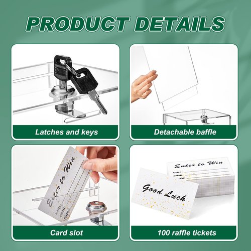 Teling Tall Acrylic Donation Box with Lock and Sign Plate Safe Suggestion Box with 100pcs Raffle Tickets Cards for Raffle, Money, Voting, Charity, Suggestion (Transparent, 6.7 x 5 x 8 Inch)