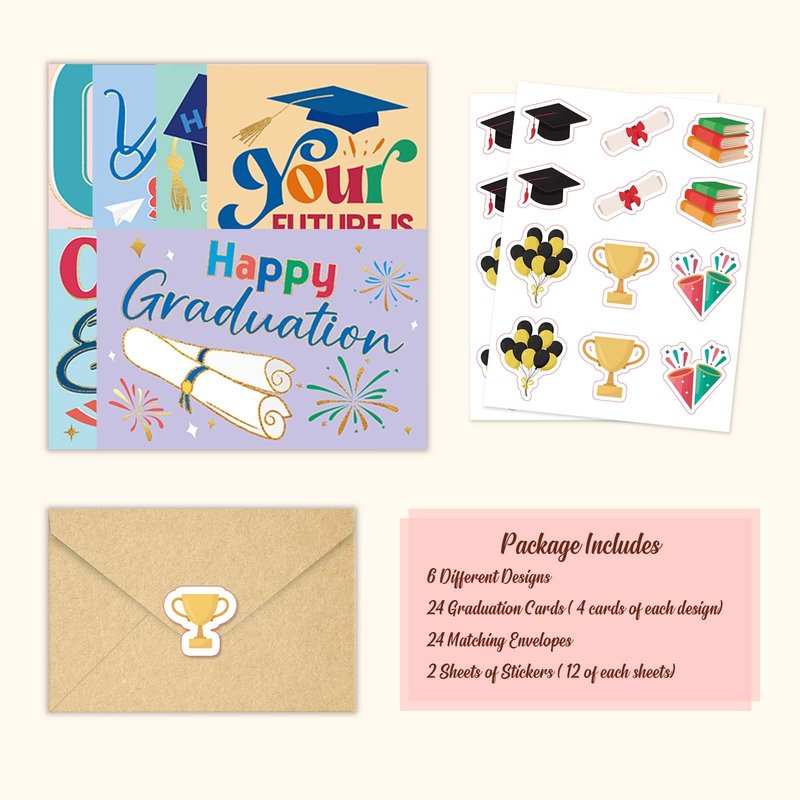 Qiavor Pack of 24 Happy Graduation Cards with Envelopes for Teens Teenagers, 6 Inspirational Congratulations Card for High School College Graduates, Message Inside, 4x6in
