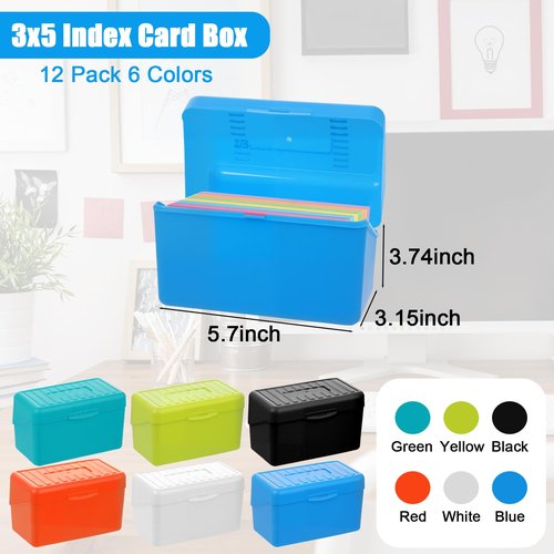 Retainbre 12 Pack Index Card Box 3x5 Flash Card Holder Perfect for Recipe Organizer Case Note Card Storage(6 Colors)