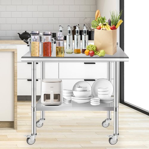 ERfairdeal 36 x 24 Inch Stainless Steel Table w/Backsplash, Commercial Work Table Prep Workstation with Galvanized Legs, Adjustable Undershelf and Wheels for Home Kitchen Restaurant Outdoor