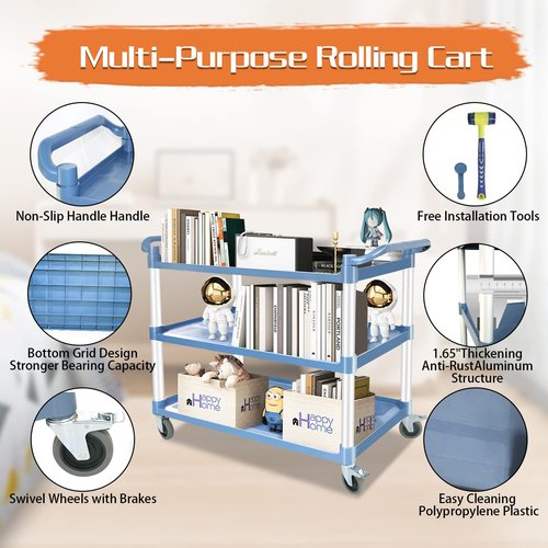 Utility Carts with Wheels Large Size Rolling Cart with Wheels Heavy Duty 600 LBS Food Cart with Lockable Wheels and Hammer for Kitchen/Office/Warehouse, 39.5" D x 19.3" W x 39.5" H(Grey Large Size)