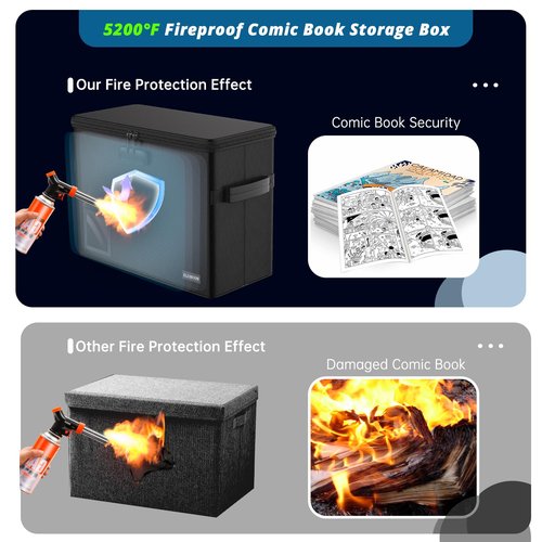 ELOBOON 5200 Fireproof Book Storage for 150-175 Comics, Water-Resistant & Moistureproof Stackable Box With Label Window and Lock, Sturdy Short Case With Fire Zipper, Black