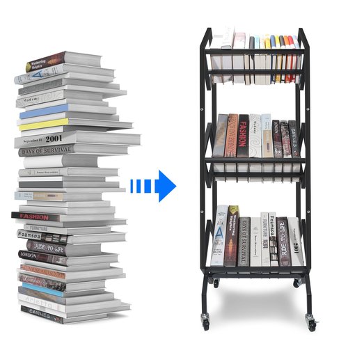 GSMFS with 360°Rotation Wheels 3-Tier Metal Book Carts,Used for Study Rooms, Living Rooms, Sofas, and Beds Library Cart, Slanted Bookshelf Study Rooms