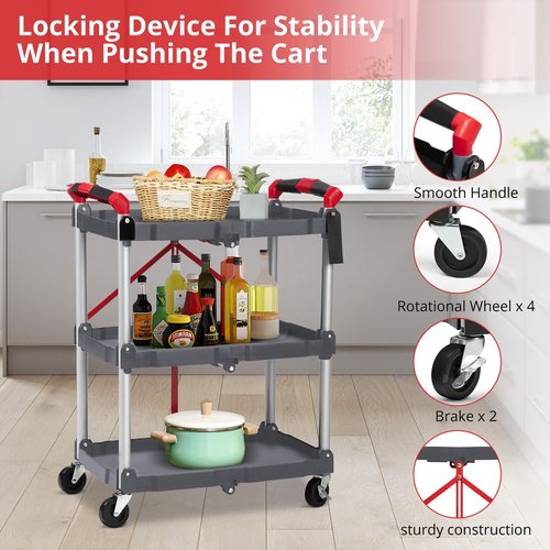 Collapsible Service Cart,3-Tier Portable Cart/Detailing Cart/Utility Carts with 2 Lockable Wheels Use for Home/Commercial/Office/Warehouse,Black, 56 Lb. Load Capacity Per Shelf-Grey