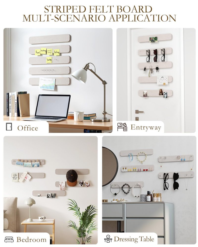 JBER Felt Strip Board 5 Pack 13"x2", Cork Board Alternative Pin Bulletin Board, Self-Adhesive Vision Board with 25 Push Pins for Walls, Office & Home Decor(Light Camel)