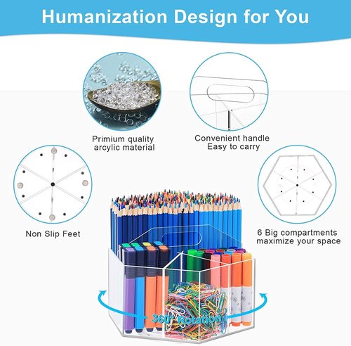 OIF Acrylic Pen Holder Pencil Organizer, 360-Degree Rotating Pencil Holder with 6 Compartments, Crayon for Kids Marker Holder Caddy Art Supply Organizer for Desk, Office