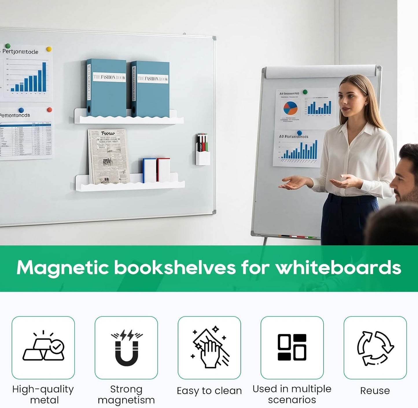 Skiennix Magnetic Book Shelf - Reusable Acrylic Display with Pen Holder for Whiteboards | White, 2 Pcs
