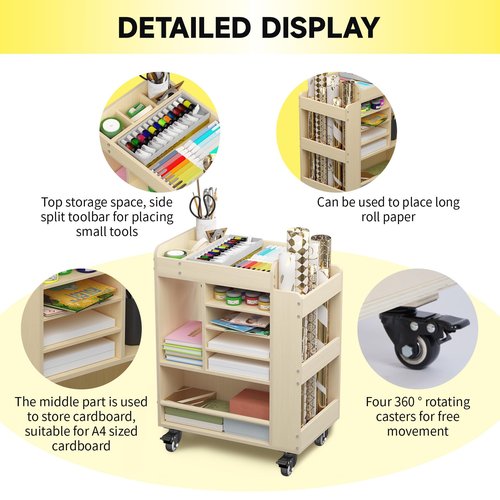 lukar Wooden Art Storage Cart with Wheels, 25.6" Art Supply Storage Organizer Cart, Multi-Functional Rolling Utility Carts for Kid, Arts Activity Carts for Storing A4 Paper, Brushes, Paint