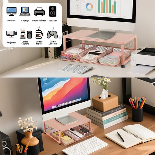 Gugsey Small Monitor Stand Riser, Laptop Riser, Metal Mesh Desk Organizer, Desk Top Storage and Organization with Drawer for Computer, Desktop, Printer, Coffee Set and Office Supplies (Bronze)