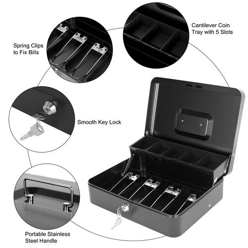 Cash Box with Key Lock and Money Tray - Metal Money Box for Cash Register, Large Cash Lock Box for Money Safe with 100PCS Coin Wrappers Assorted