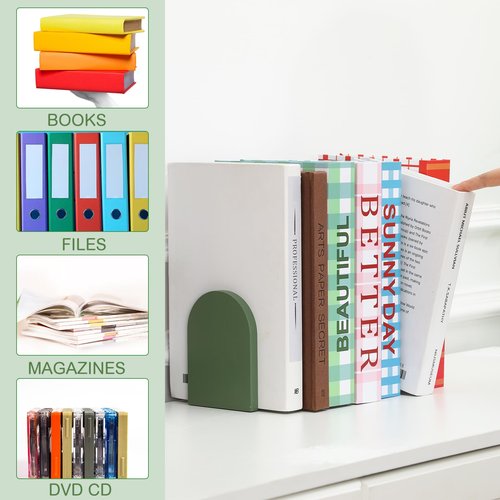 Honoson 4 Pcs Boho Wood Bookends Back to School Sage Green Wooden Book Stands Decorative Non Skid Book Stoppers for Books Cds Videos Albums Office Desktop Shelves