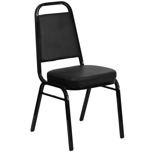 EMMA + OLIVER Trapezoidal Back Vinyl Stackable Banquet Chair, Multipurpose Stacking Chair with Padded Seat and Back, Black