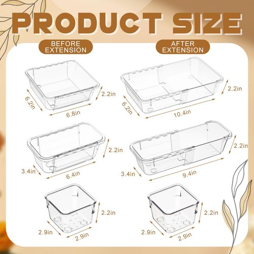 Briwooody 25 Pcs Extendable Clear Drawer Organizer, 3 Size Adjustable Desk Drawer Organizer Acrylic Storage Bins for Makeup, Jewelry Gadgets for Kitchen, Bedroom, Bathroom, Office