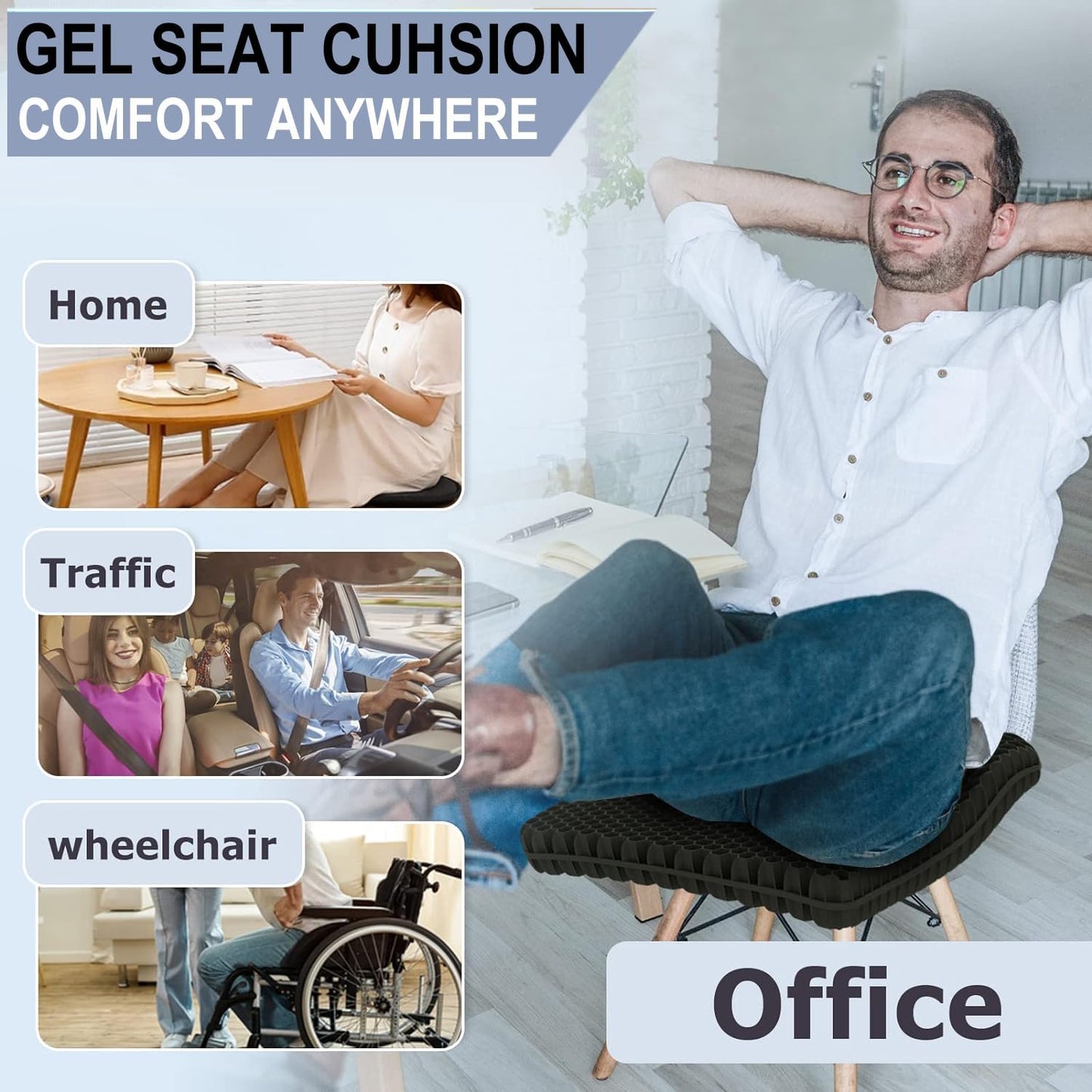 Skiennix Gel Seat Cushion - Jumbo & Thick Office Chair Cushion for Sciatica Relief | Non-Slip Wheelchair & Car Seat
