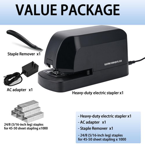 Electric Stapler for Desk, 45 Sheet Capacity Automatic Stapler Desktop, Office Staplers Electric, AC Operated Staplers Heavy Duty Office Use with 1,000 Staples & Staple Remover, Black