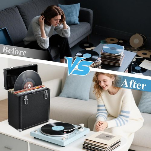 Hododou Vinyl Record Storage Case - Holds 30+ 12-Inch Records | Heavy-Duty, Portable Design with Lid Handle & Mesh Pouch