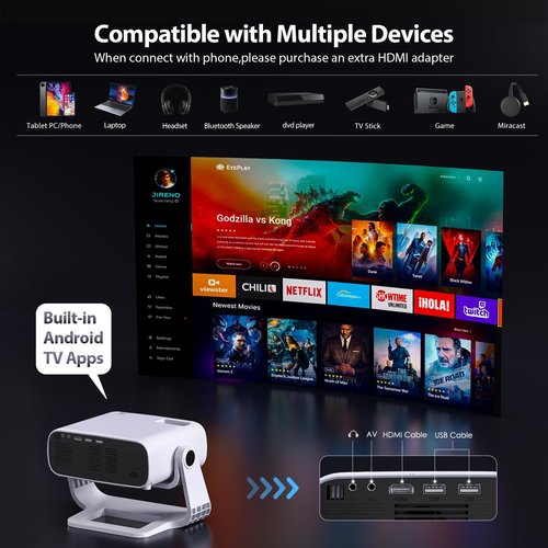 Wielio Smart Projector with WiFi 6 and Bluetooth Built-in Apps - 4K Support Portable Bedroom Mini Projector Native 1080P , 2025 New Auto Keystone & Zoom Home Theater Cinema Movie Proyector, 120° Stand