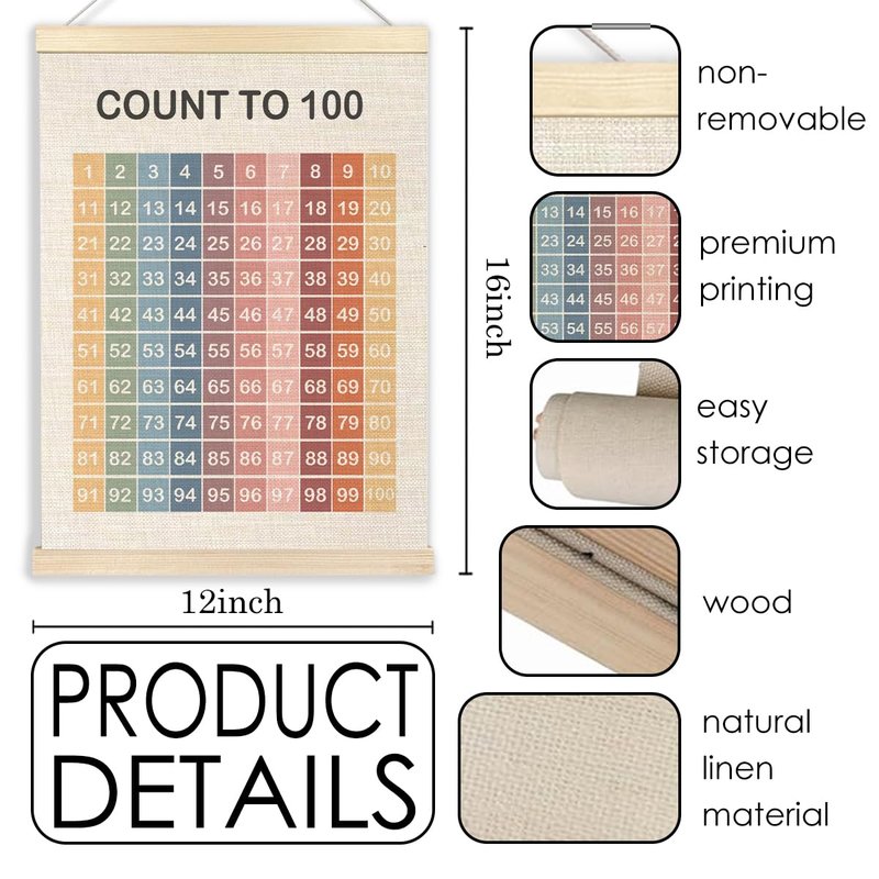 Ecezatik Number Chart 1-100 Educational Poster Hanger Frame, Boho Classroom Decor, Count to 100 Learning Posters Banner for Classroom Nursery Kids Room Playroom Preschool Decor, 12x16 Inches