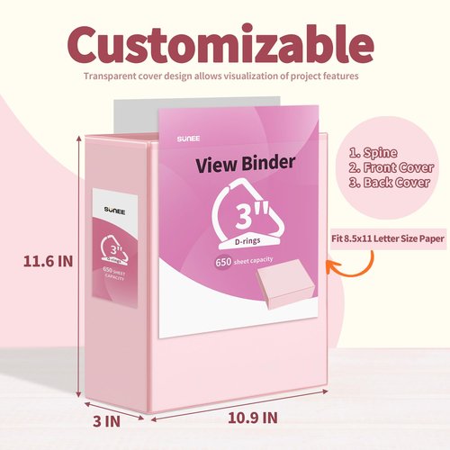 SUNEE 3 Ring Binder 3 Inch D Ring, Clear View Binder Three Ring PVC-Free (Fit 8.5x11 Inches) for School or Office Supplies, Assorted Pastel, 4 Pack