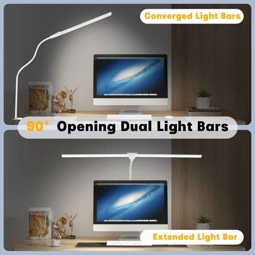 Peloite LED Desk Lamp for Home Office, 50 Brightness & Temperature Modes, Eye Protection, Dual Head Dimmable Table Light, 360° Adjustable Gooseneck with Clamp Remote Control, 90% Energy Saving (White)