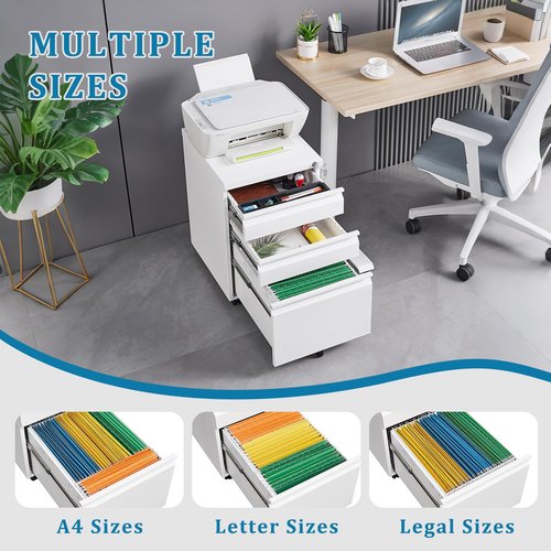 AnoYishev 3 Drawer Mobile File Cabinet Under Desk Office, with Lock, Fully Assembled Except Casters, Under Desk Metal Filing Cabinets, Legal/Letter/A4 File (White)