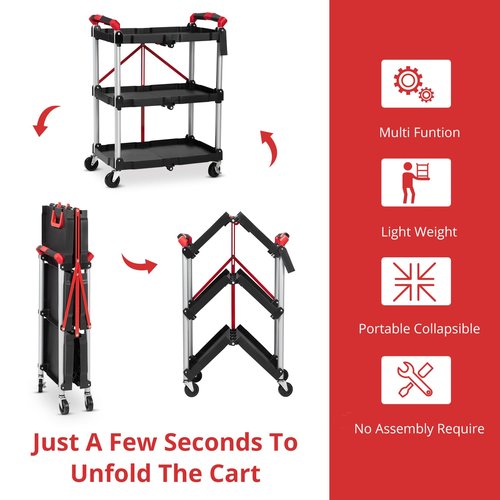 Foldable Utility Service Cart, 3 Shelf 168LBS Heavy Duty Plastic Rolling Cart with 360° Swivel Wheels (2 with Brakes), Ergonomic Handle, Portable Garage Tool Cart for Warehouse Office Home, Black