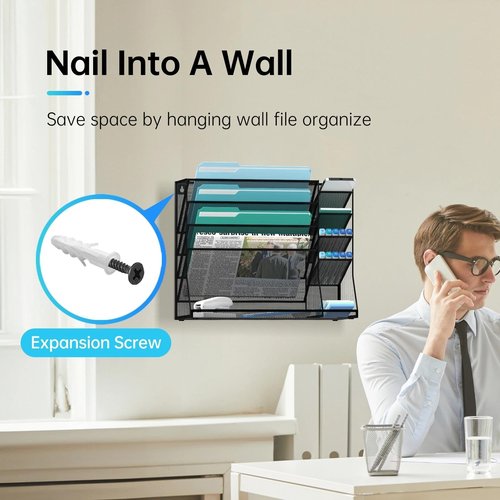 JMHUD Wall File Organizer, 5-Tier Desk Organizer with 4 Pen Slots, Vertical Hanging Wall File Folder Holder with R-shaped Bottom Tray, Mesh Mail Holder Desk Organization for Office, Black