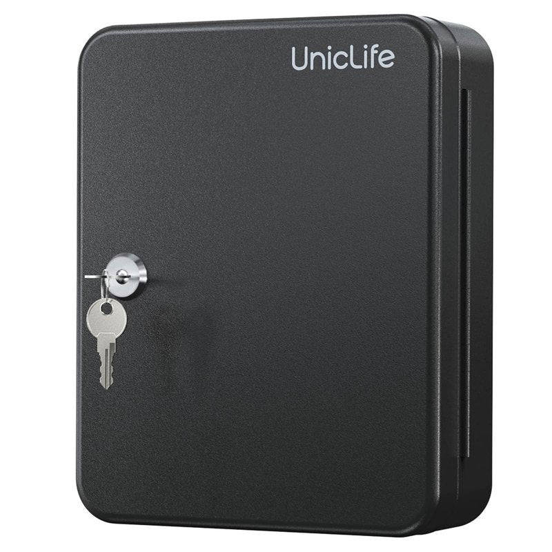 Uniclife Steel Key Cabinet Wall Mounted Organizer - 28 Keys, 2 Unlocking Keys - Black Frosted Security Box with Hooks and Color-Coded Labels