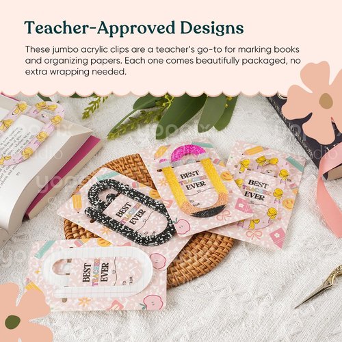 YOPPIX 20 Set Jumbo Teacher Acrylic Paper Clips with 20Pcs Exclusive Back Card, Cute Pencil Paperclip Design for Office Classroom Bookmark Gift Book Lovers, Back to School Supplies
