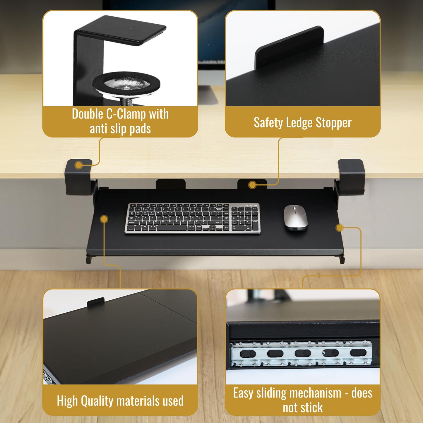 JollyDesk Keyboard Tray Under Desk Slide Out – Large 27" (31" Wide with Clamps) Computer Drawer Pull Out with Sturdy C-Clamp Mount, Ergonomic Keyboard Holder Under Desk Tray, Black
