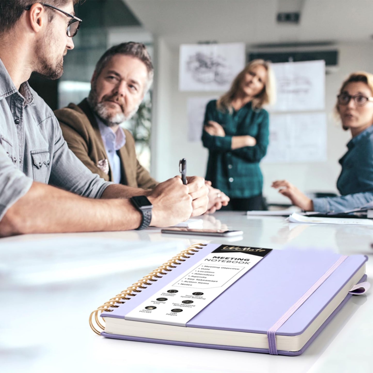 WEMATE Meeting Notebook for Work B5 (7"x10") - PU Leather Work Notebook with Agenda, Action Items & Notes - 200 Pages for Men&Women, Staff and Students, Meeting, Projects Planning - Light Purple