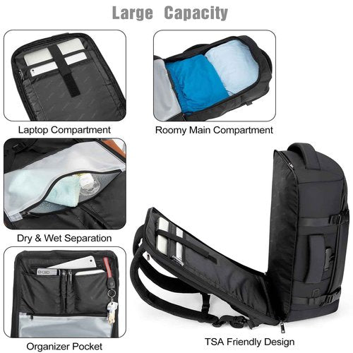Tzowla 40L Expandable Travel Laptop Backpack for Men Women Carry on Flight Approved,Large Capacity Anti Theft Backpacks with USB/Type C Charging Port,Personal Item Bag Fit 17.3" Computer(Black
