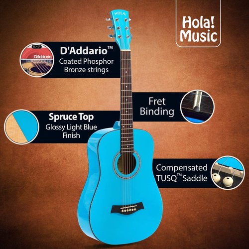 Hola! Music 3/4 Size Acoustic Guitar Bundle for Beginners, 6 String Beginner Solid Spruce Top Acoustic Guitar With Rosewood FIngerboard, 36 inch, Light Blue